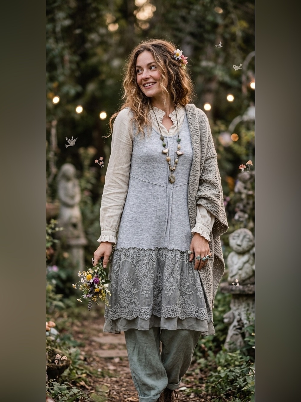 Gray Lagenlook Dress Sz S Fairycore Whimsy Flapper Linen Art to Wear Lace Crysta